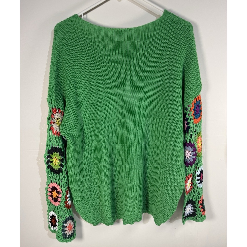 Blakeley Kelly Green Knit Crochet Sleeve Sweater Small Medium Women's Boho - Picture 3 of 6